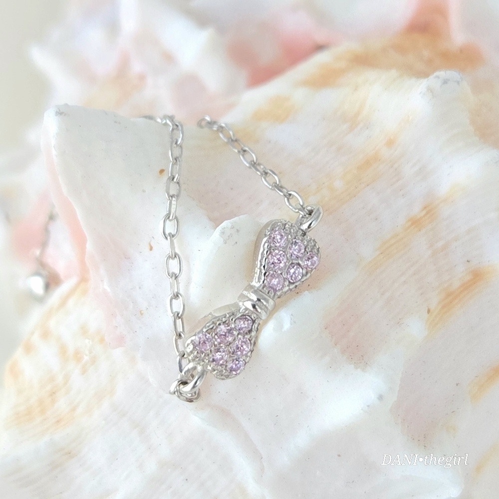 NEW Dainty Sterling Silver Pink Diamond Bow Adjustable Ring